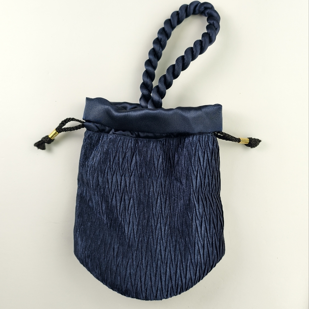 NaRaYa Navy Pleated Satin Drawstring Bag Elegant Handcrafted Party Dinner Cute